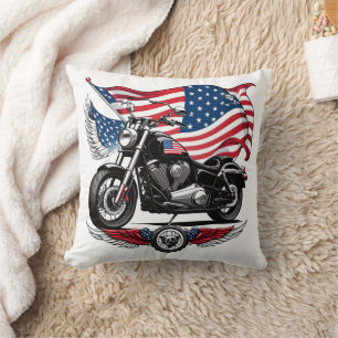American motorcycle with a flag in the background cushion