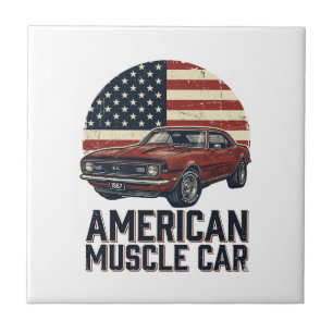 American Muscle Car Vintage Flag Shirt Design_1 Ceramic Tile