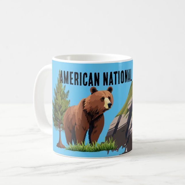 American National Park Brown Bear Pine Tree Coffee Mug (Front Left)
