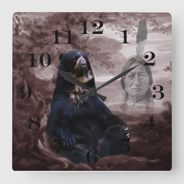 American Native Indian black bear Square Wall Clock (Front)
