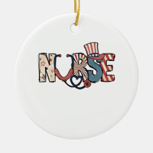 American Nurse 4th of July Patriotic USA Flag Nurs Ceramic Ornament