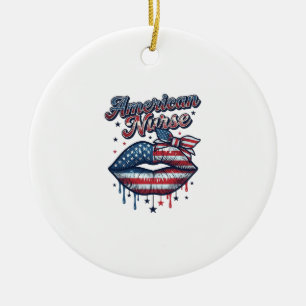 American Nurse Patriotic Lips Vector Shirt Design_ Ceramic Ornament