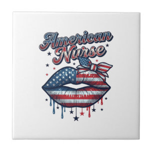 American Nurse Patriotic Lips Vector Shirt Design_ Ceramic Tile