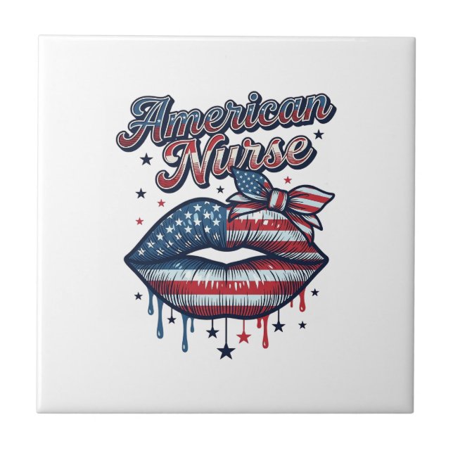 American Nurse Patriotic Lips Vector Shirt Design_ Ceramic Tile (Front)