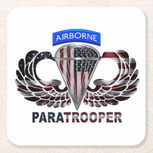 American Paratrooper with American Flag Square Paper Coaster