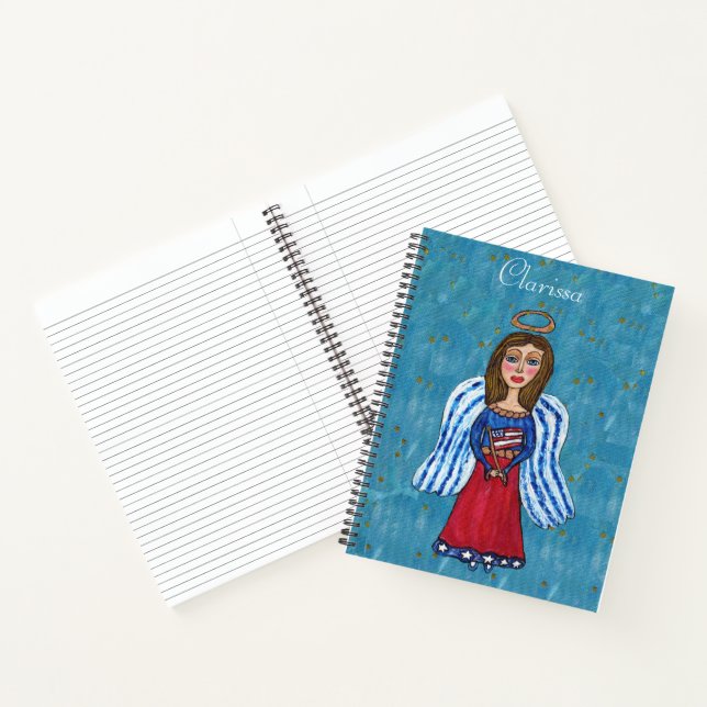 American Patriotic Angel Stars Holding Flag BLue Notebook (Inside)