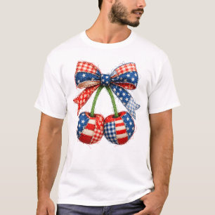 American Patriotic Patchwork Cherries with Bow T-Shirt