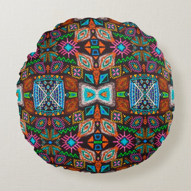 American pattern. Ikat seamless print. Indian desi Round Cushion (Front)