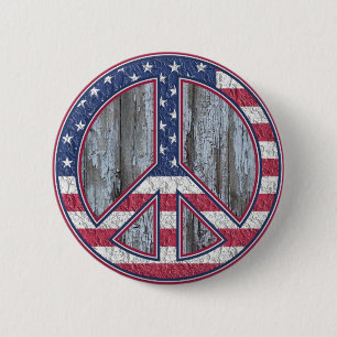 American Peace Sign on Vintage Wood Pinback 6 Cm Round Badge