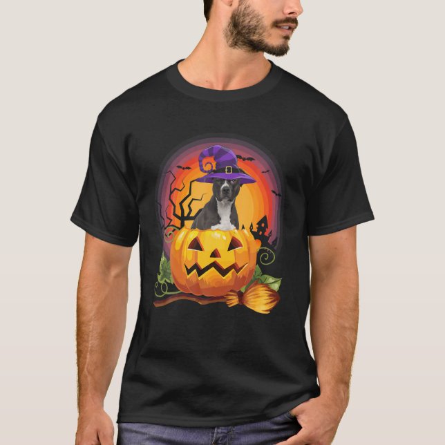 American Pit Bull Witch Pumpkin Halloween Dog T-Shirt (Front)