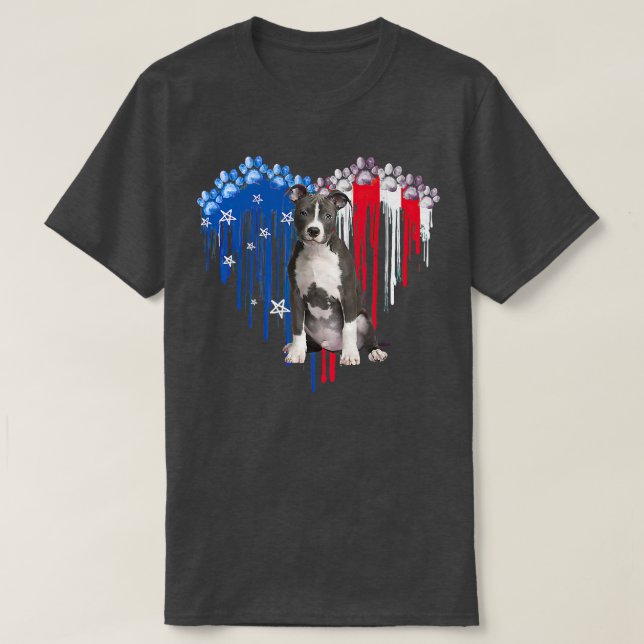 American Pitbull Dog Heart 4th Of July USA Flag Pa T-Shirt (Design Front)