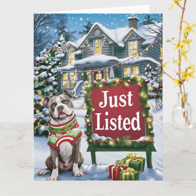 American Pitbull Festive Humour Realtor Christmas Card (Yellow Flower)
