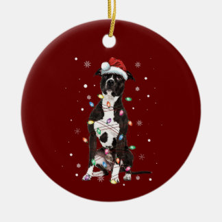 American Pitbull Terrier Christmas Lights Tree Dog Ceramic Ornament