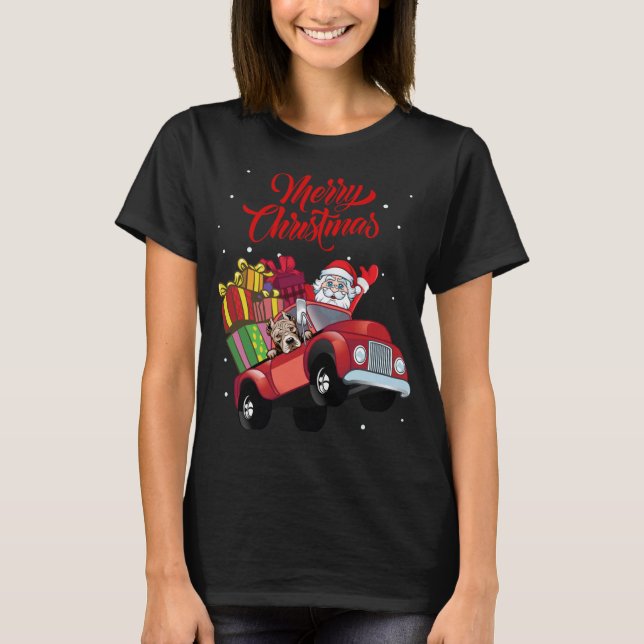 American Pitbull Terrier With Santa Claus In Red T T-Shirt (Front)