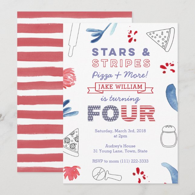 American Pizza Party for Boy or Girl 4th Birthday Invitation (Front/Back)