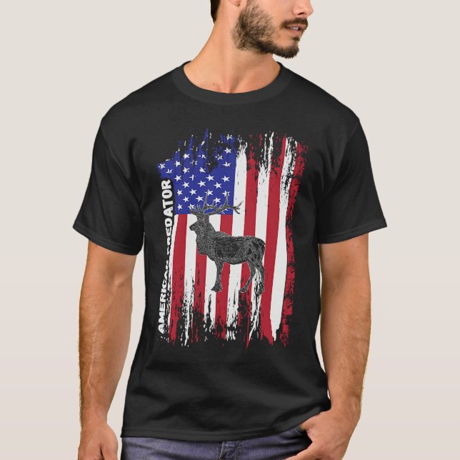 American Predator Patriotic American Flag ELK Hunt T-Shirt (Front)