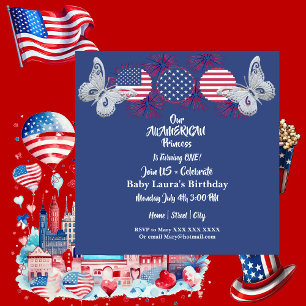 American Princess Butterfly Stars Birthday 4 July  Invitation