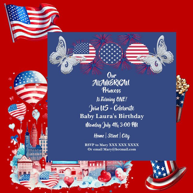 American Princess Butterfly Stars Birthday 4 July  Invitation (American Princess Butterfly Stars Birthday 4 July Invitation)
