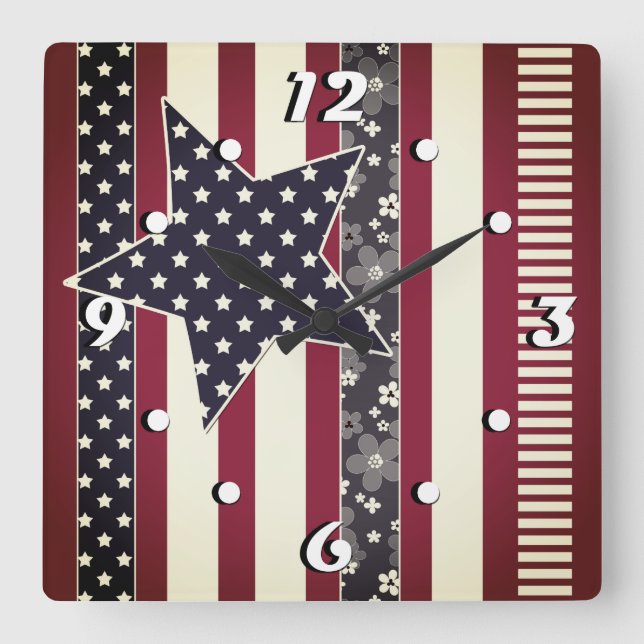 American ptriot traditional flag colours red navy  square wall clock (Front)