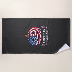 American Pumpkin Halloween Usa Flag Stars Stripes Beach Towel
