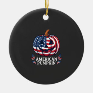 American Pumpkin Halloween Usa Flag Stars Stripes  Ceramic Ornament