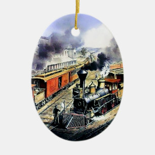 American railroad steam engine trains ceramic tree decoration