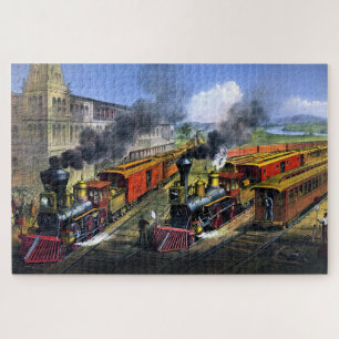 American Railroad Train Scene Leaving the Junction Jigsaw Puzzle