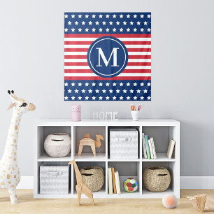 American Red White Blue Custom Monogram Initial Tapestry