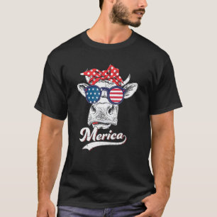 American Ribbon Cow 4th Of July Usa Flag Sunglasse T-Shirt