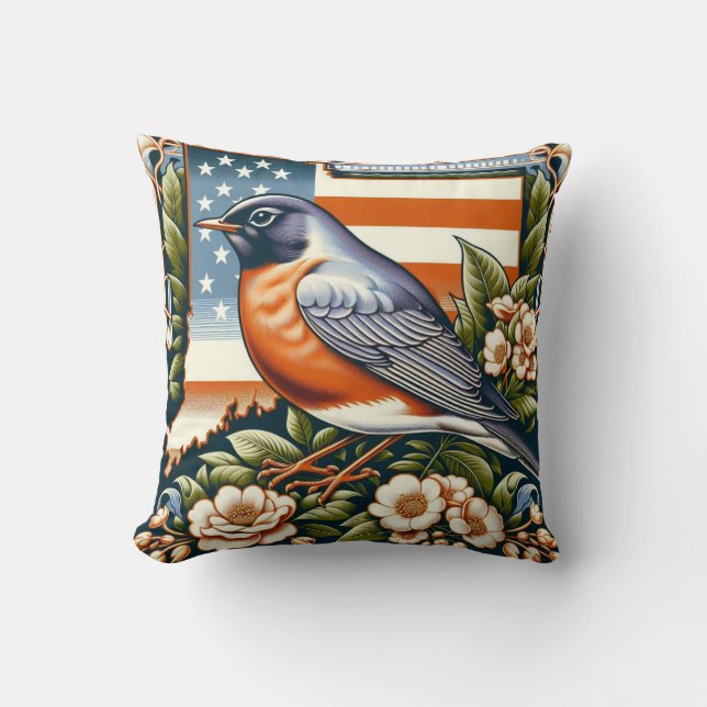 American Robin and Mountain-Laurel Flower State Cushion (Front)