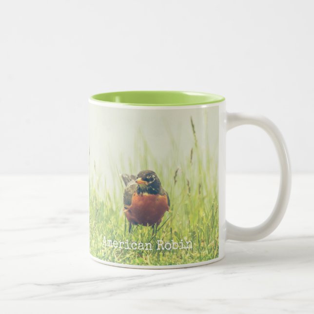 American Robin Bird Green Nature Two-Tone Coffee Mug (Right)
