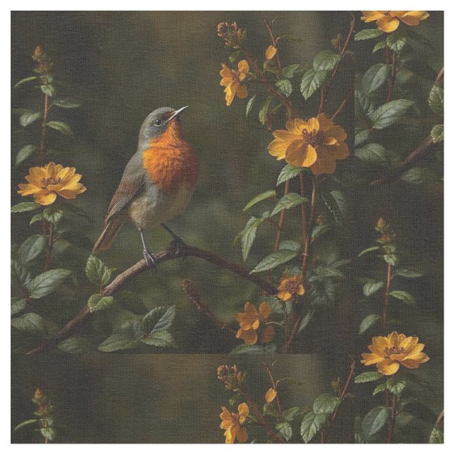 American Robin Bird  in a garden  Fabric (Close Up)