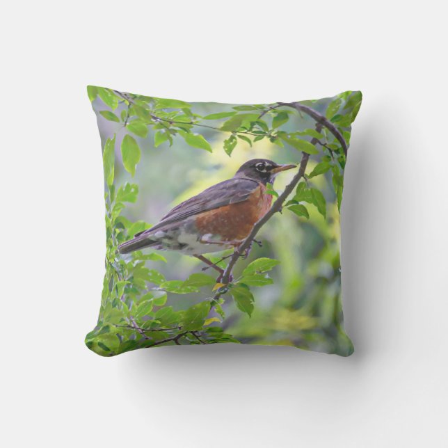 American Robin Bird in Tree Green Leaves Cushion (Front)