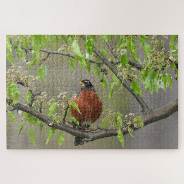 American Robin Perched on Branch w/Spring Blooms Jigsaw Puzzle (Horizontal)