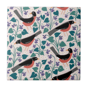 American Robin Violet Anemone Bird Flower Ceramic Tile
