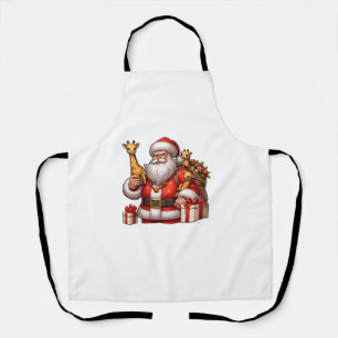 American Santa Claus Holding Giraffe Present Xmas Apron