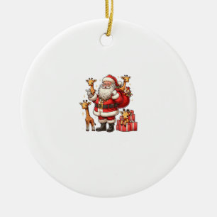 American Santa Claus Holding Giraffe Present Xmas Ceramic Ornament