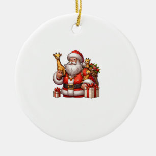 American Santa Claus Holding Giraffe Present Xmas Ceramic Ornament