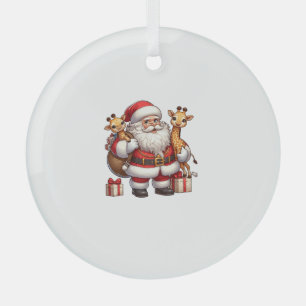 American Santa Claus Holding Giraffe Present Xmas Glass Tree Decoration