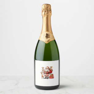 American Santa Claus Holding Giraffe Present Xmas Sparkling Wine Label