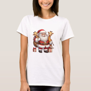 American Santa Claus Holding Giraffe Present Xmas T-Shirt
