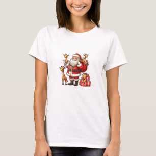 American Santa Claus Holding Giraffe Present Xmas T-Shirt