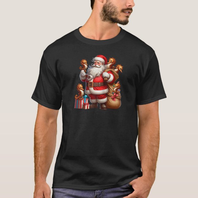 American Santa Claus Holding Seahorse Present Xmas T-Shirt (Front)