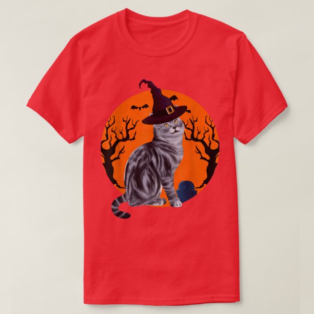 American Shorthair Cat Halloween Witch Hat And Moo T-Shirt (Design Front)