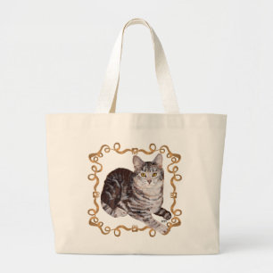 American Shorthair Tabby Cat Tan Ribbon Large Tote Bag