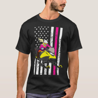 American Snowmobile Rider Girls American Flag Snow T-Shirt