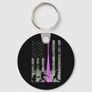 American Softll Flag - Players And Pink T  Key Ring