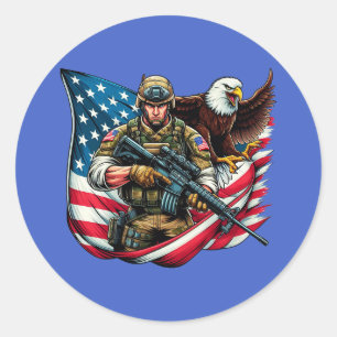 American Soldier Eagle USA Flag Patriotic Art Classic Round Sticker