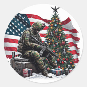 American Soldier Usa Flag Christmas tree Art Classic Round Sticker