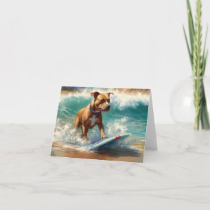 American Staffordshire Beach Surfing Painting Card